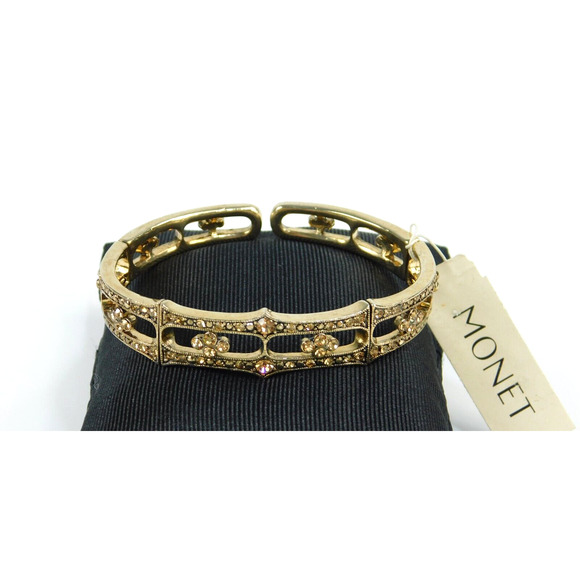 Vtg Gold Tone Monet Wire Stretch Rhinestone Cuff Bracelet NWT 6" Long 1/2 Wide - Picture 1 of 7